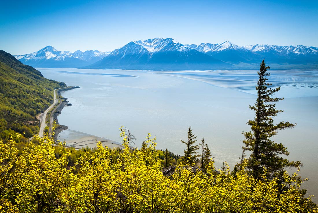 A view of Turnagain Arm south of Anchorage near the Kenai Peninsula, Alaska, USA